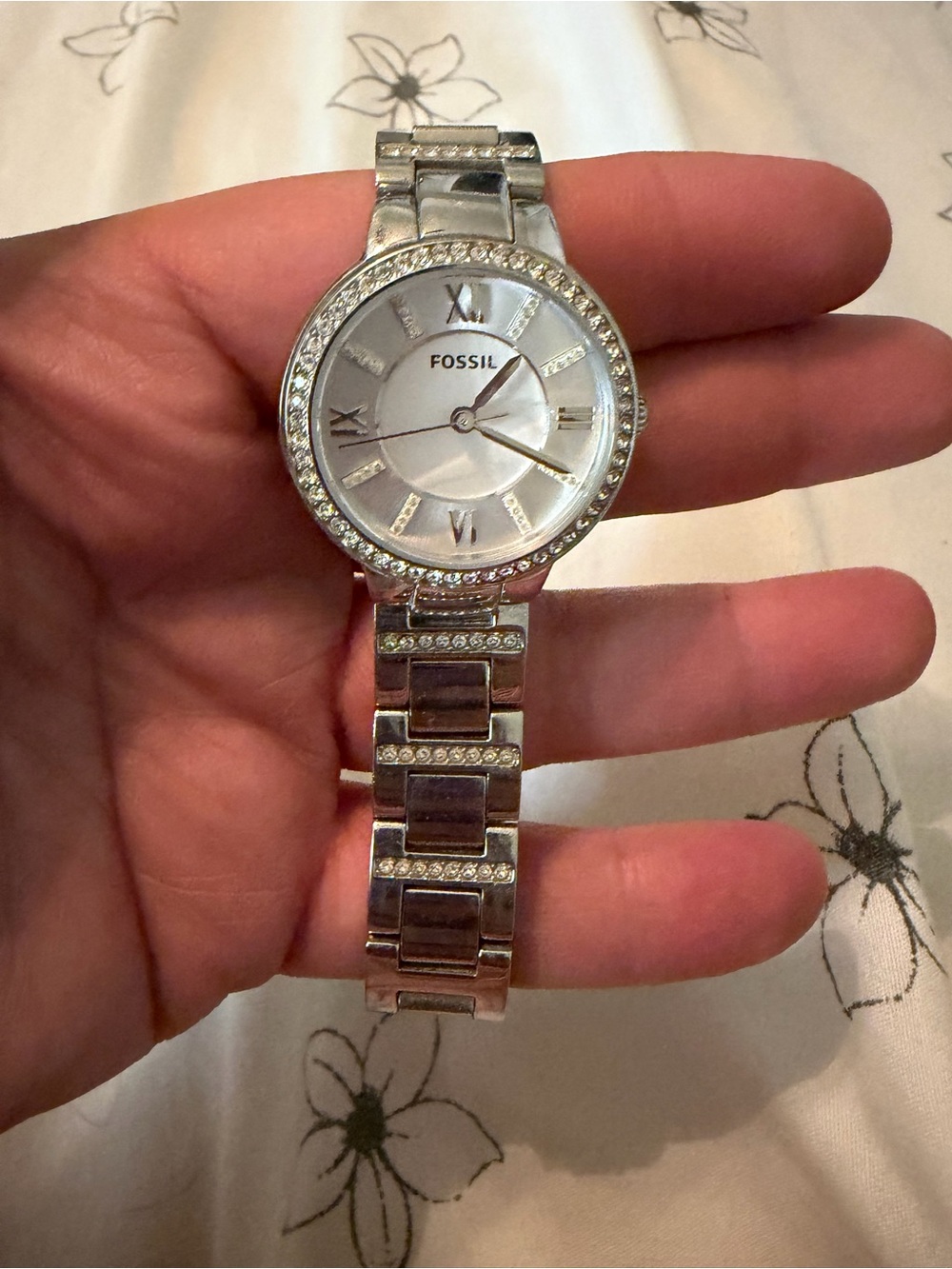 Fossil Silver-Tone Women's Crystal Link Bracelet Watch